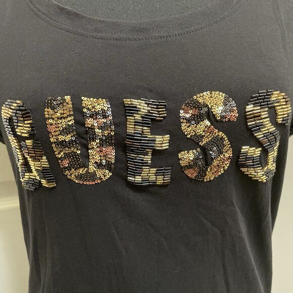Vintage‎ Guess Shirt Leopard Print Logo Beads Sequins Bling Y2K Top Black Medium - Picture 2 of 9